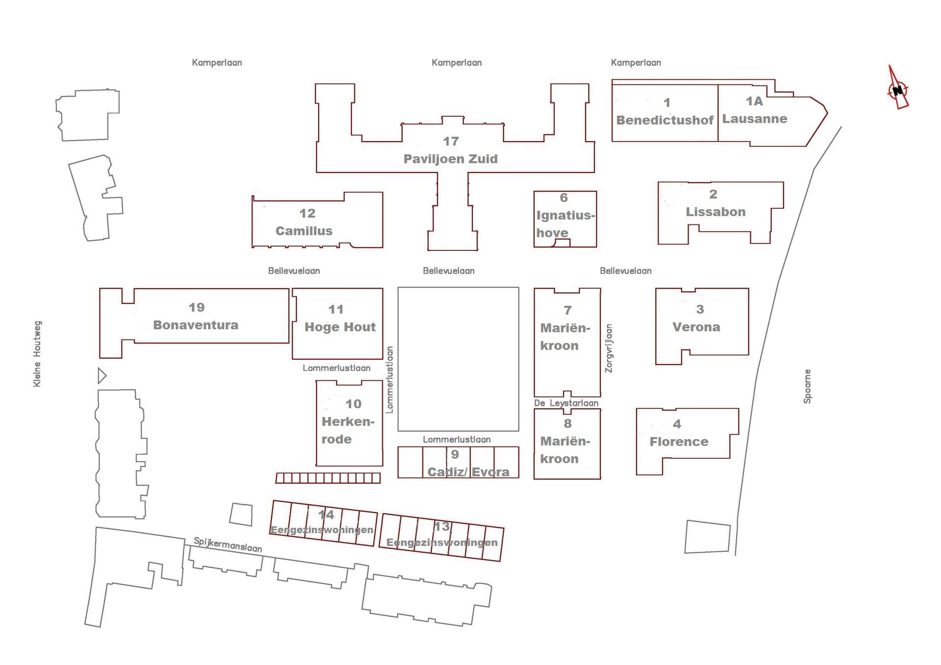 Plattegrond van het complex Mariastichting met de genummerde blokken en de eengezinswoningen.